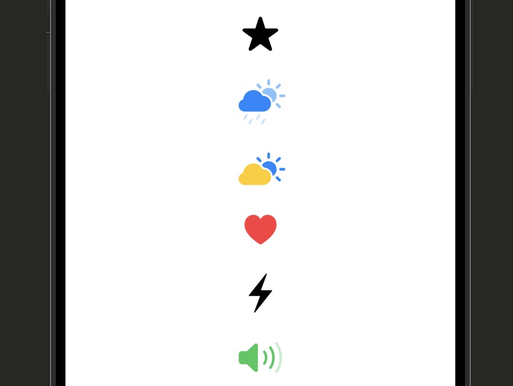 Xcode canvas showing six SF Symbol examples: a plain star, a hierarchical cloud with blue tones, a two-color sun and cloud, a multicolor heart, an ultraLight bolt, and a partially filled speaker wave symbol