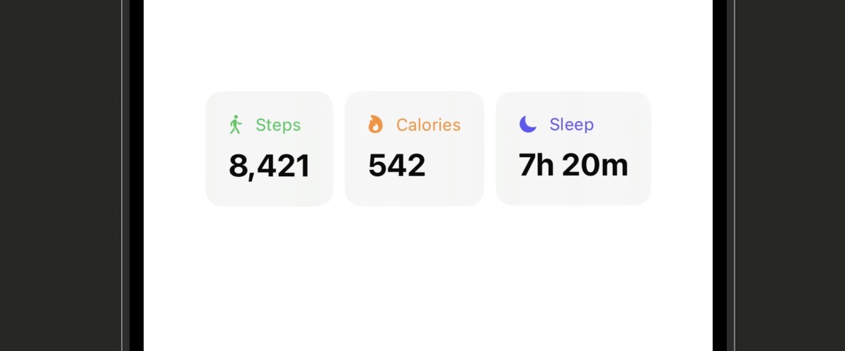 Xcode canvas showing a DashboardView with three StatCard components side by side — Steps in green, Calories in orange, Sleep in indigo — all using the same card shape but different data
