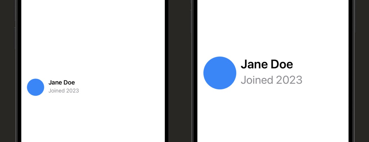 Xcode canvas showing the same AccessibleRowView at the default text size and at the largest accessibility text size — demonstrating how the avatar circle and text scale up together proportionally