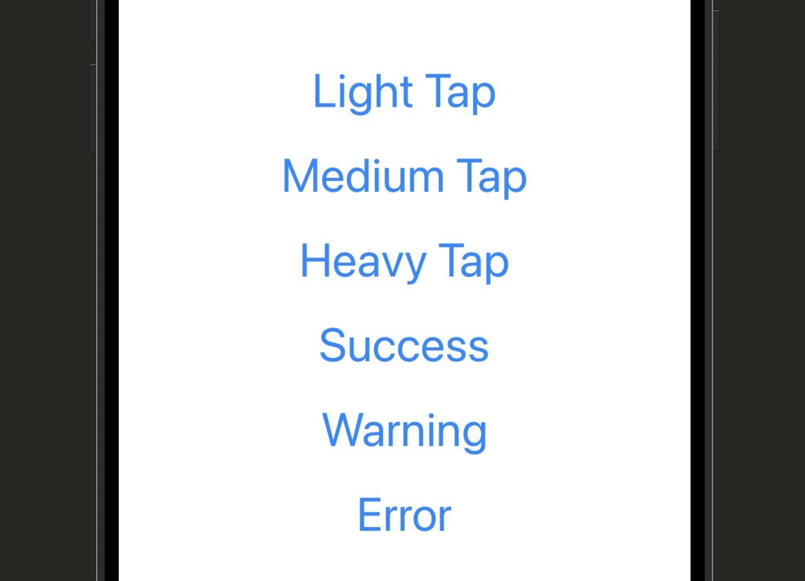 Xcode canvas showing the HapticDemoView with six buttons, alongside a note reminding that haptics require a real device to test