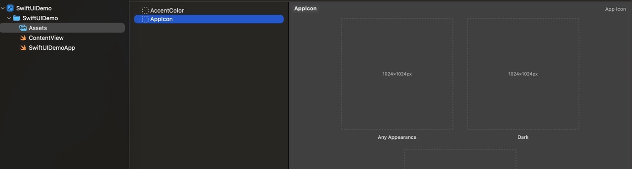 Xcode asset catalog showing the AppIcon asset with a single 1024x1024 image slot, and a second panel showing an iPhone home screen with the app icon displayed at full quality alongside other apps