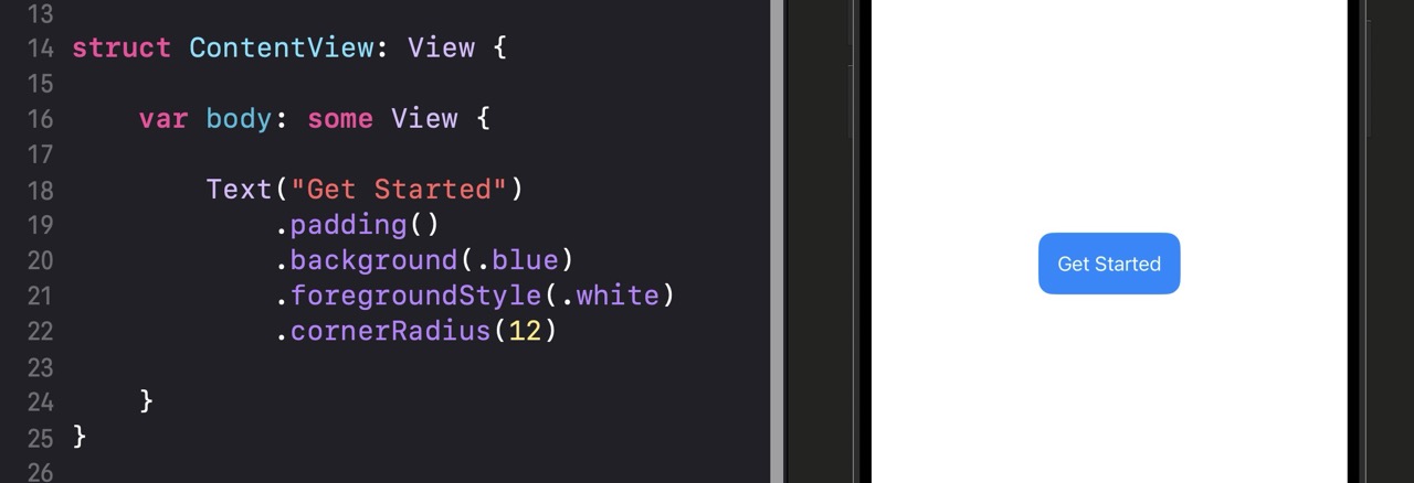 Canvas preview showing a blue rounded rectangle button with white 'Get Started' text, styled with padding, blue background, and corner radius of 12