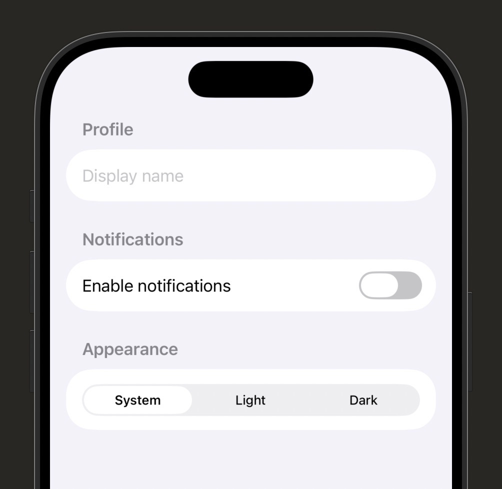 Xcode simulator showing the PreferencesView Form with three sections: a text field for display name, a notification toggle set to on, and a segmented picker with System/Light/Dark options with Dark currently selected