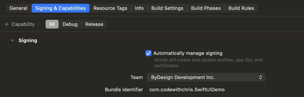 Xcode Signing & Capabilities tab showing Team selection, Bundle Identifier, and Automatically manage signing checkbox