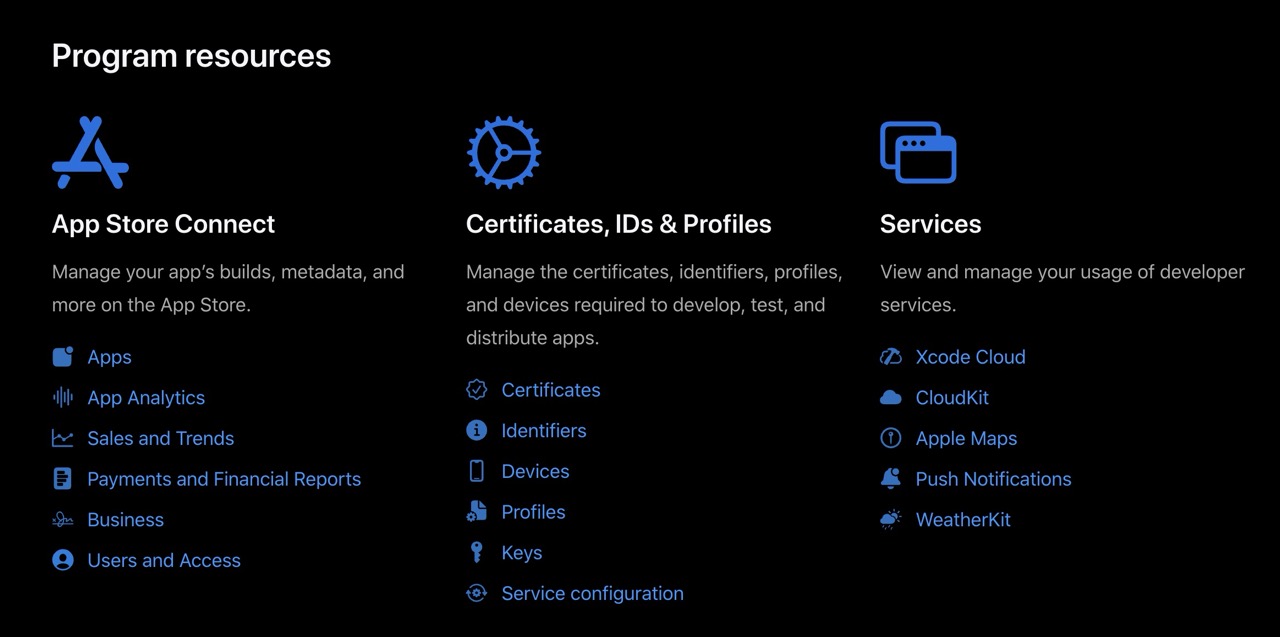 Apple Developer portal showing Certificates, Identifiers & Profiles section with a development certificate listed