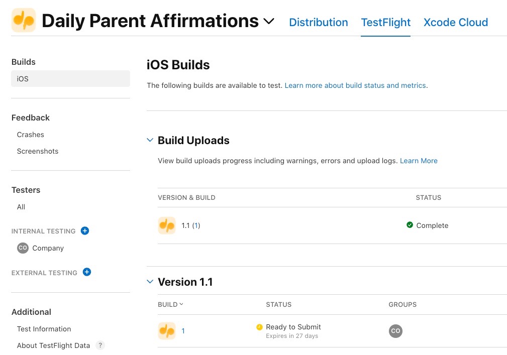 App Store Connect TestFlight tab showing a build listed with tester groups and invitation status