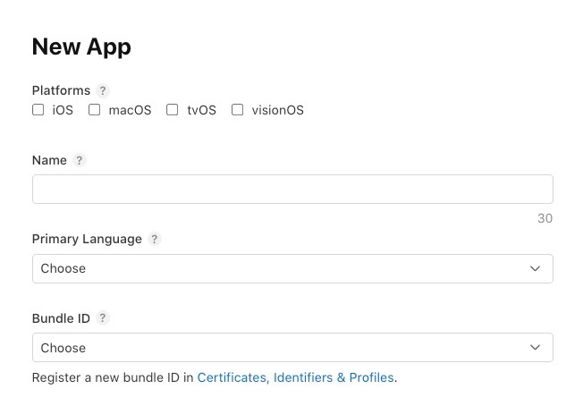 App Store Connect My Apps page showing the New App button and the app creation form with Bundle ID, Name, and Primary Language fields