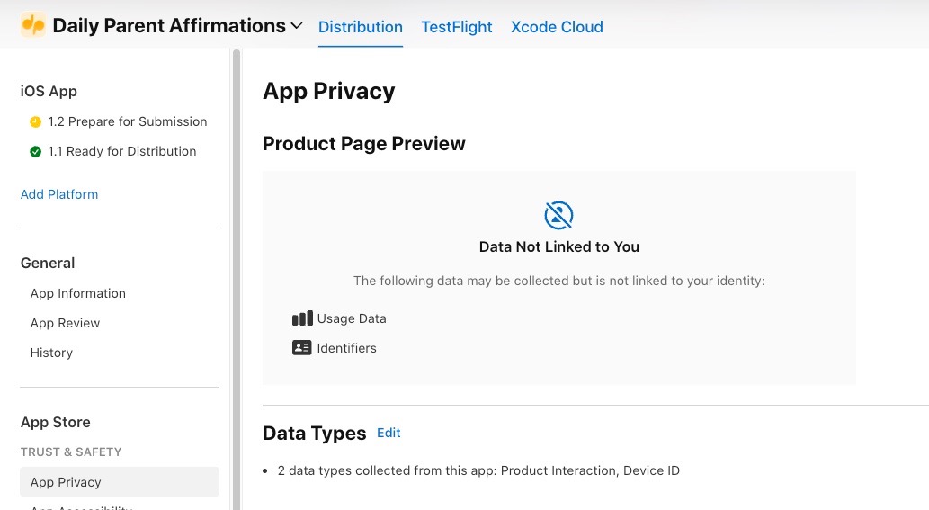 App Store Connect App Information page showing the Category, Age Rating, and Privacy Policy URL fields filled in