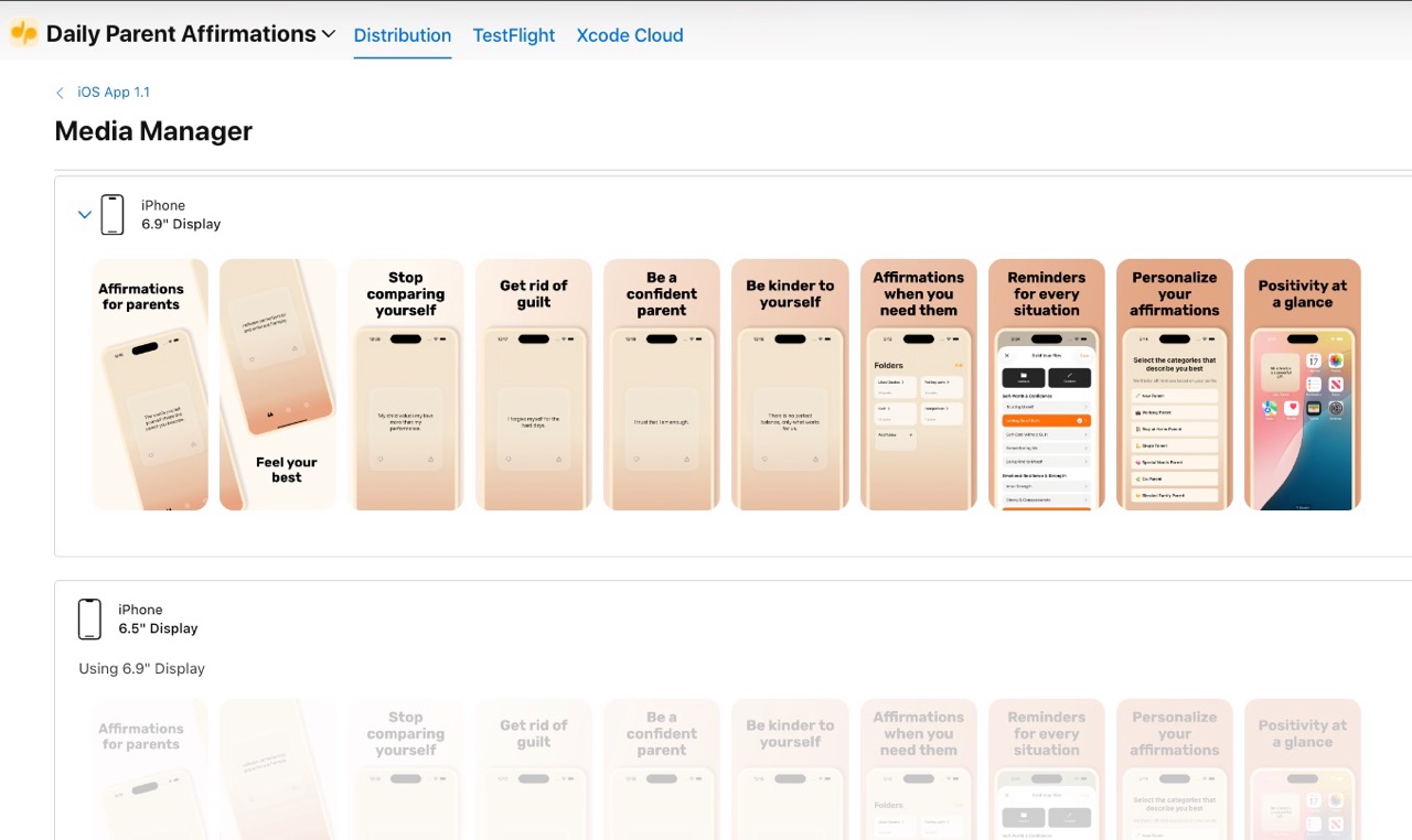 App Store Connect Media Manager showing screenshot upload slots for 6.5-inch and 5.5-inch iPhone sizes