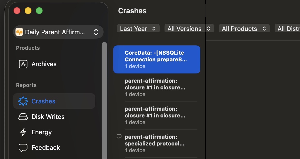 Xcode Organizer showing Crashes section with a list of crash reports, device types, and a symbolicated stack trace