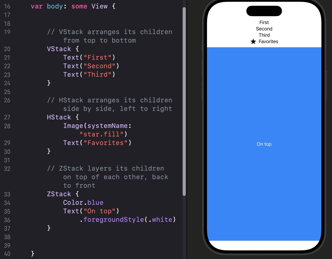 Canvas preview showing three stacks side by side: a VStack with three vertically arranged text items, an HStack with a star icon and Favorites text side by side, and a ZStack with white text reading 'On top' centered over a blue background