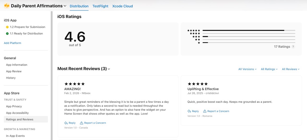 App Store Connect Reviews section showing user reviews with star ratings and the Developer Response text field