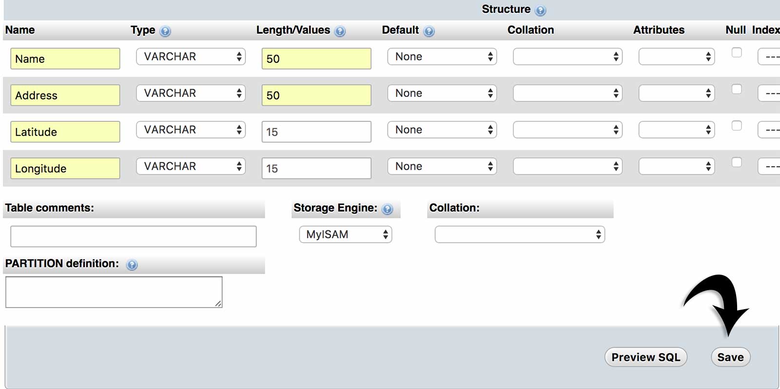 Creating columns in a MySQL database table