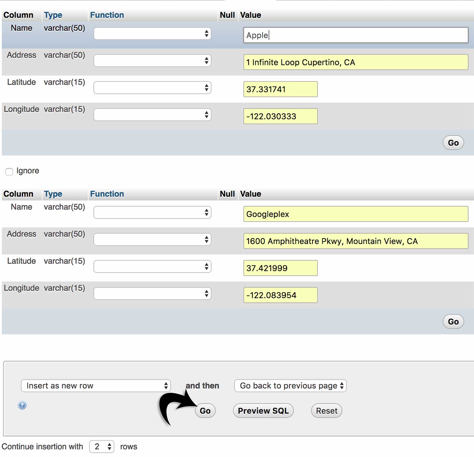 Adding locations to our database table