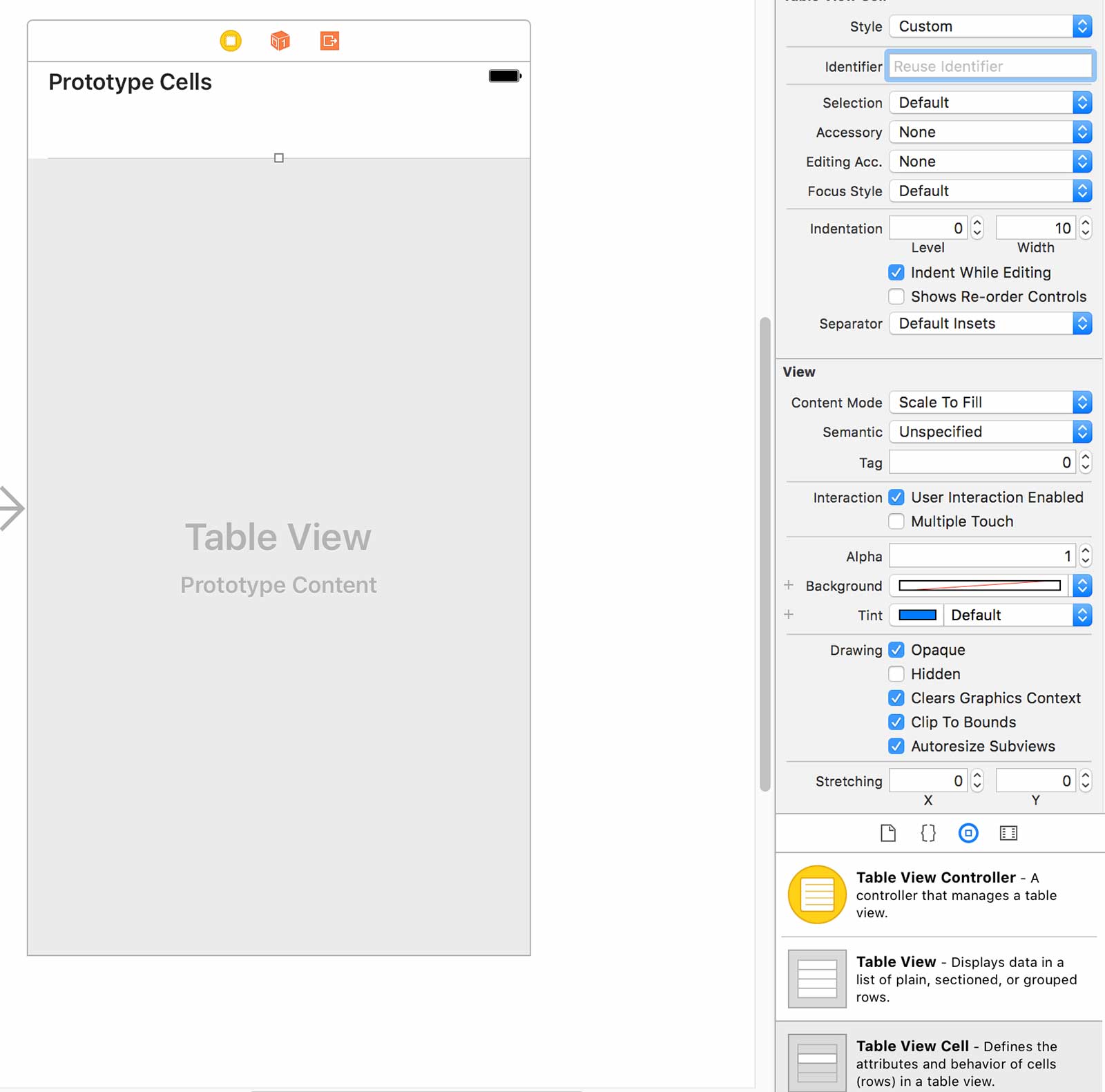 Adding a table view and table view cell to the view