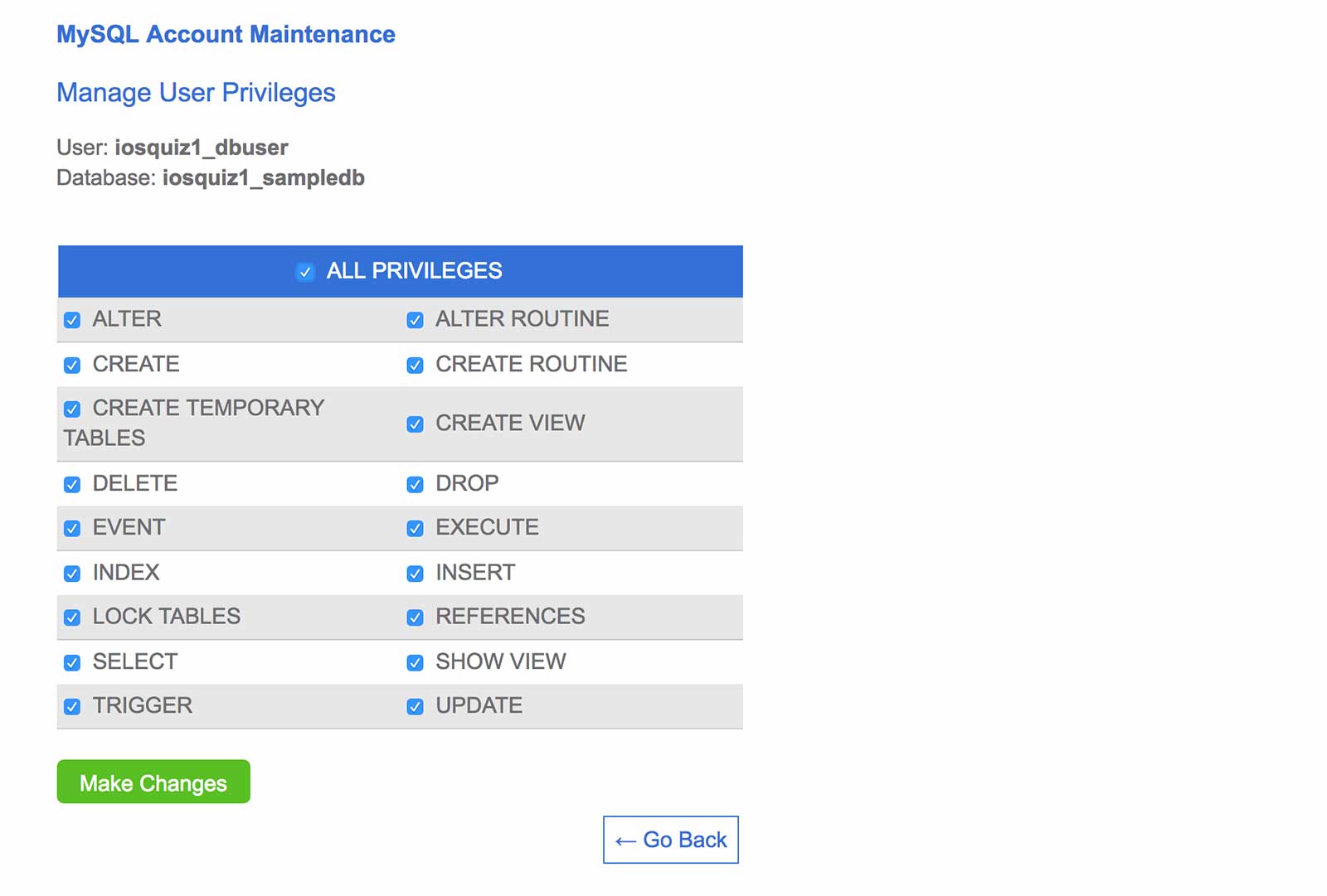 Adding database user privileges in Bluehost