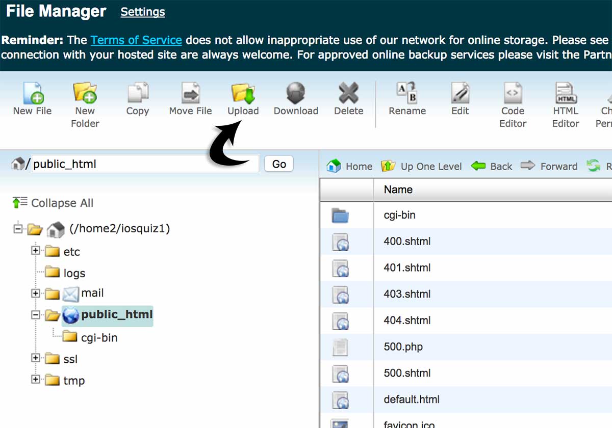 going to public_html in your file manager and uploading a file