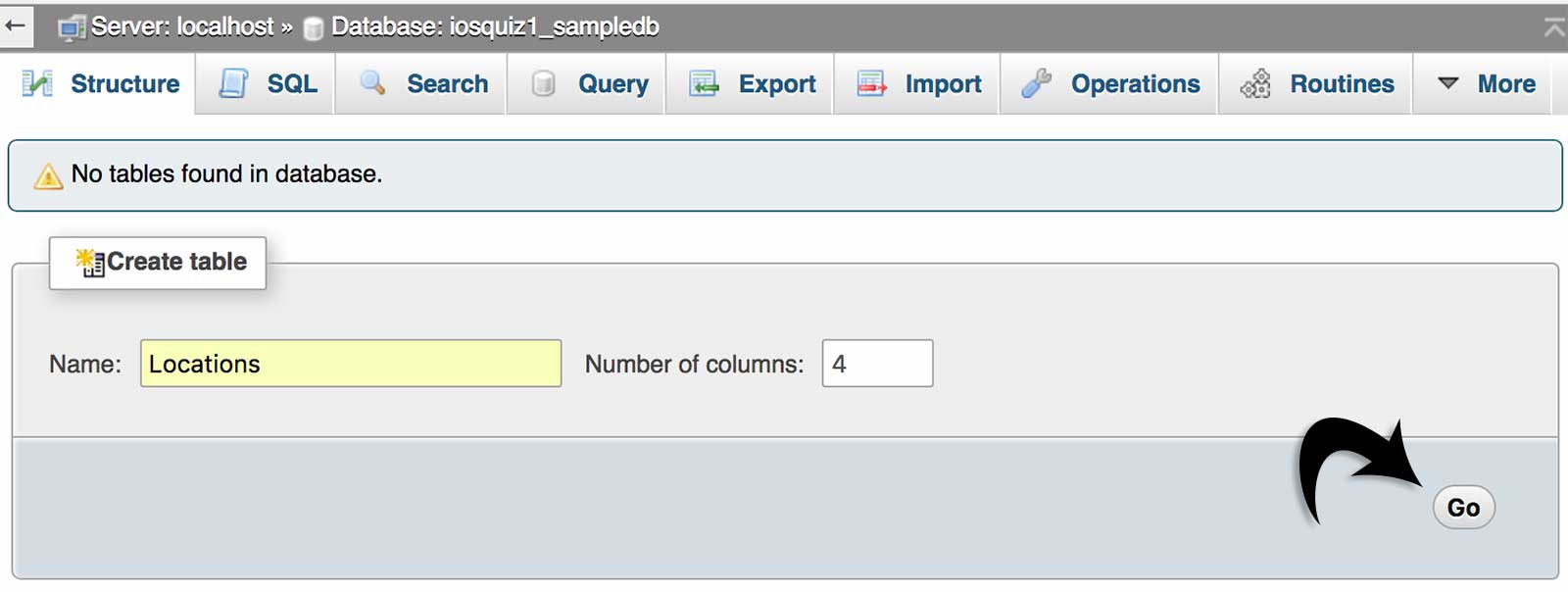 Creating a new database table in phpMyAdmin