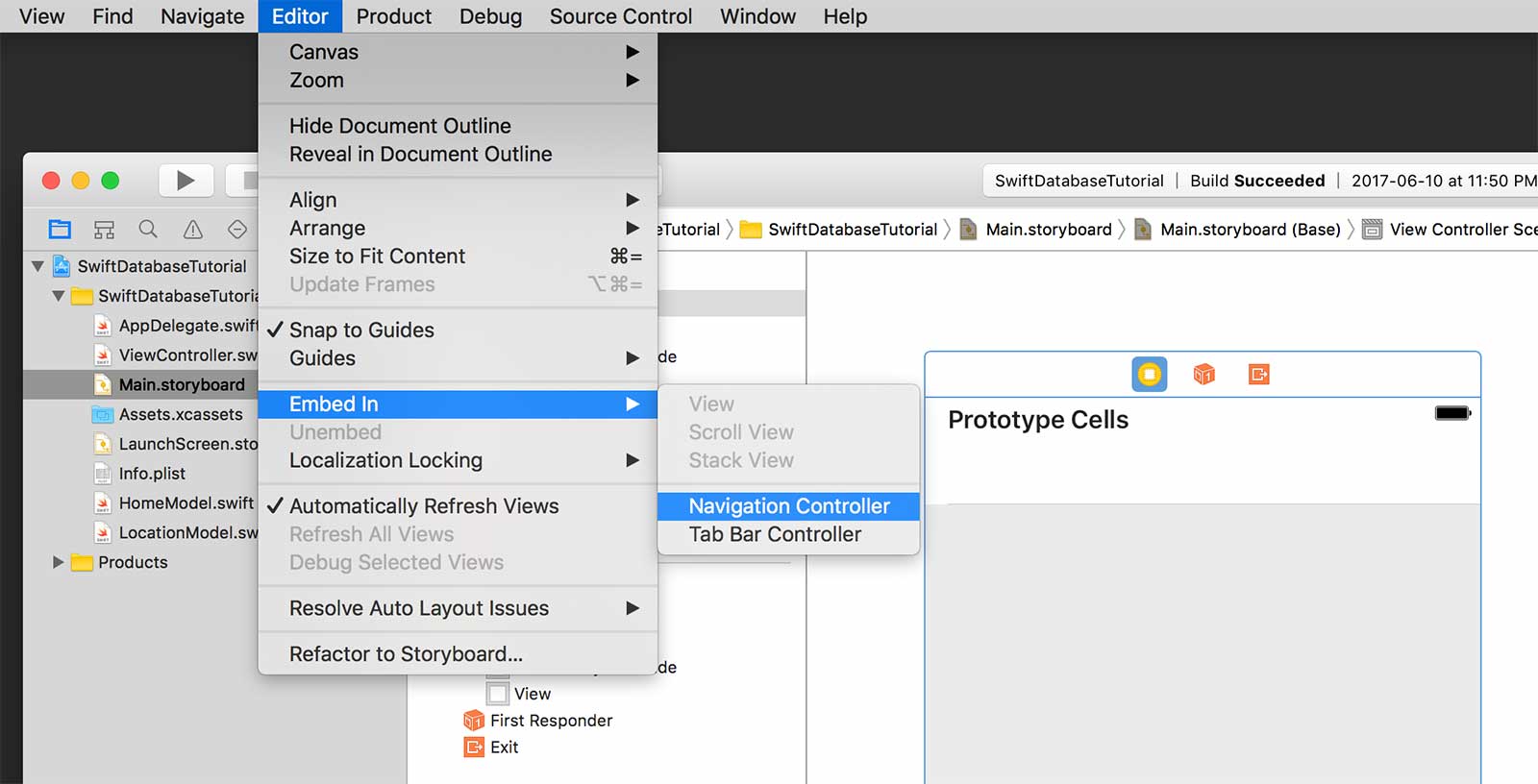 Embed view controller in a navigation controller in Xcode