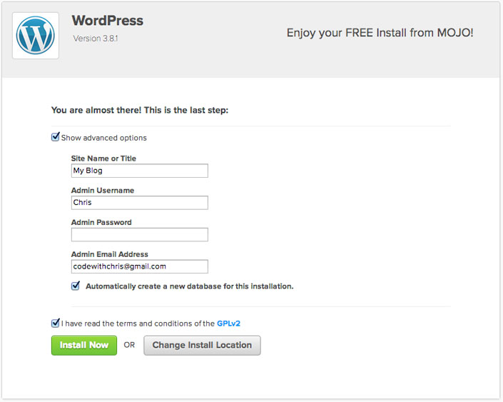 Advanced options for installing WordPress on Bluehost