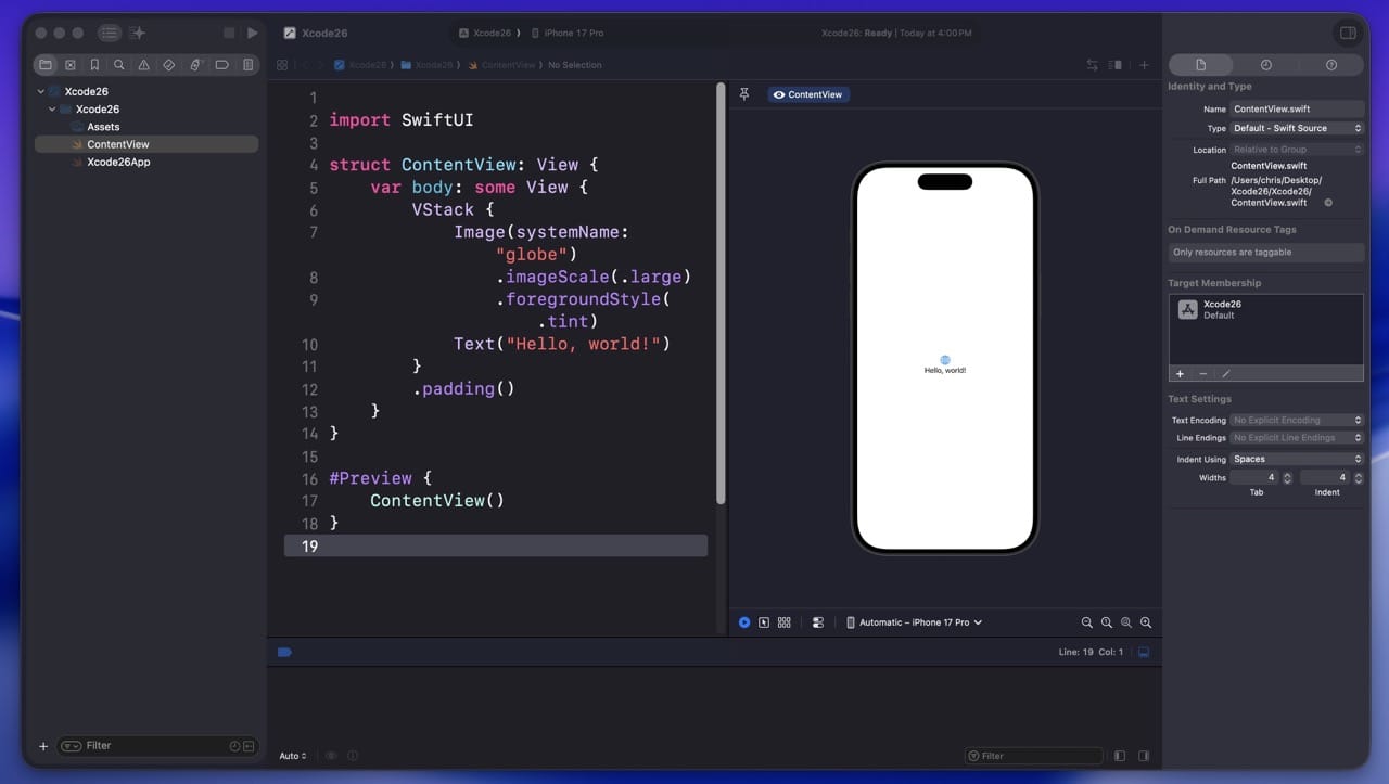 Annotated Xcode 26 interface diagram with all five main areas clearly labeled