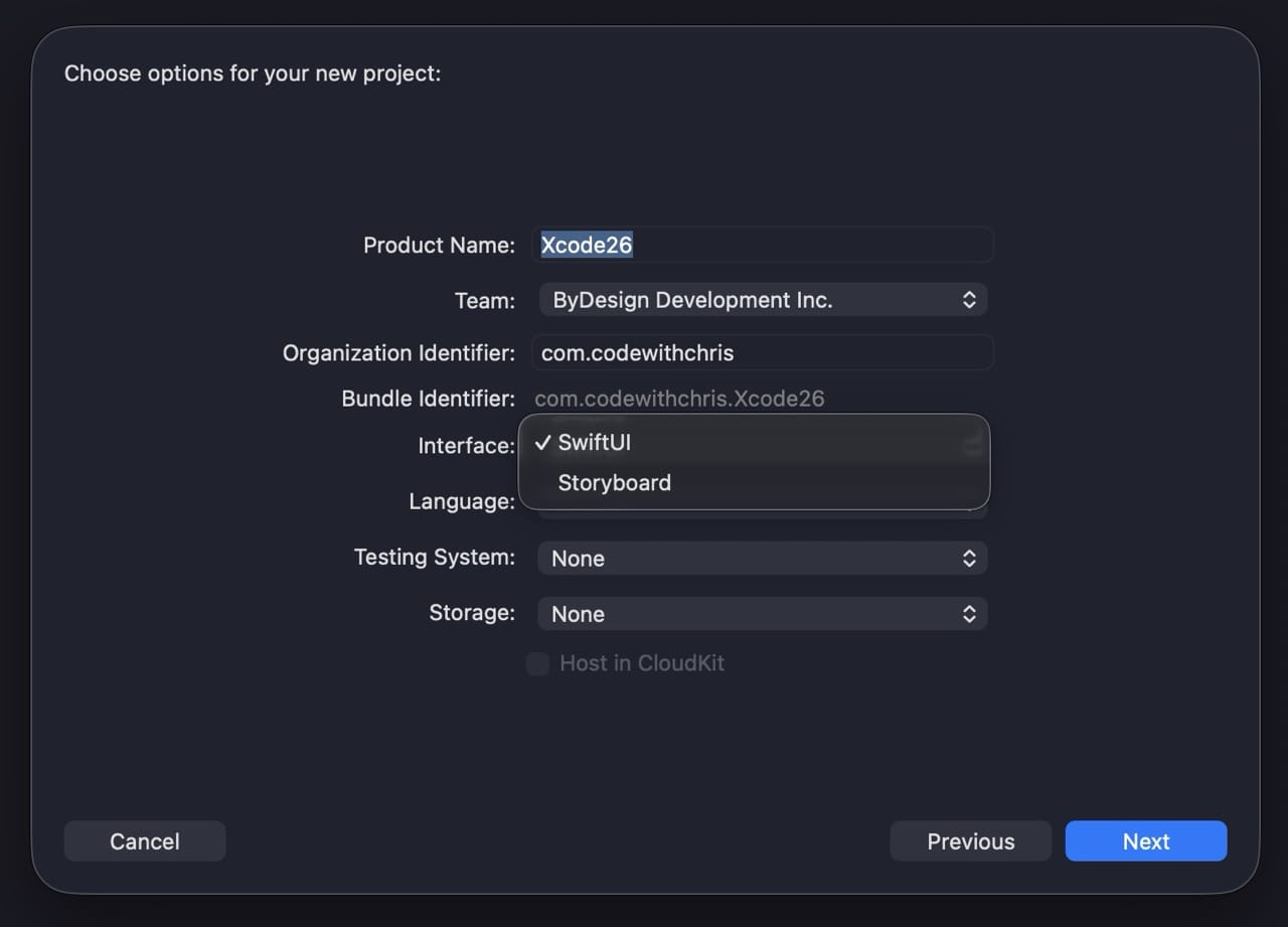 New Xcode project dialog with SwiftUI selected as the Interface option