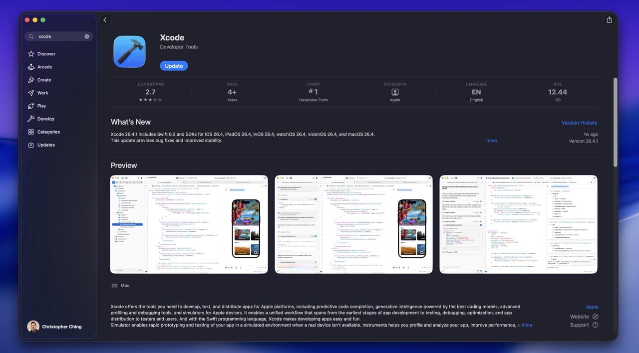 Mac App Store showing the Xcode 26 listing with the Get button visible