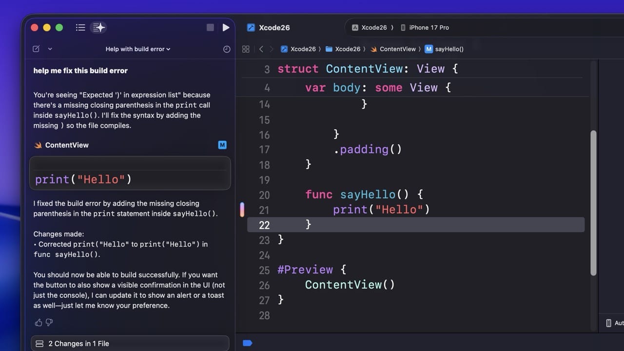 Xcode Coding Intelligence sidebar with a chat conversation visible alongside the code editor