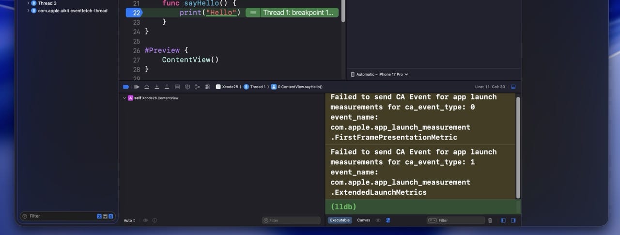 Debug area with console output visible and a paused breakpoint showing variable values on the left