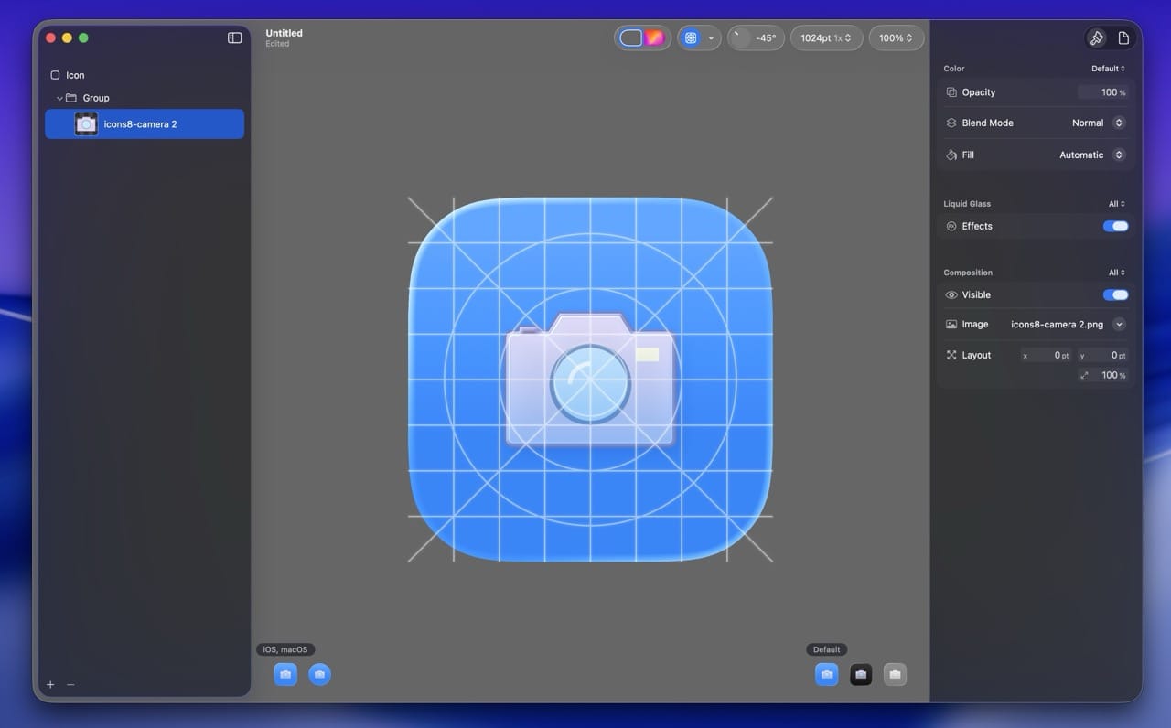Icon Composer with a multi-layer Liquid Glass icon design showing different appearance modes