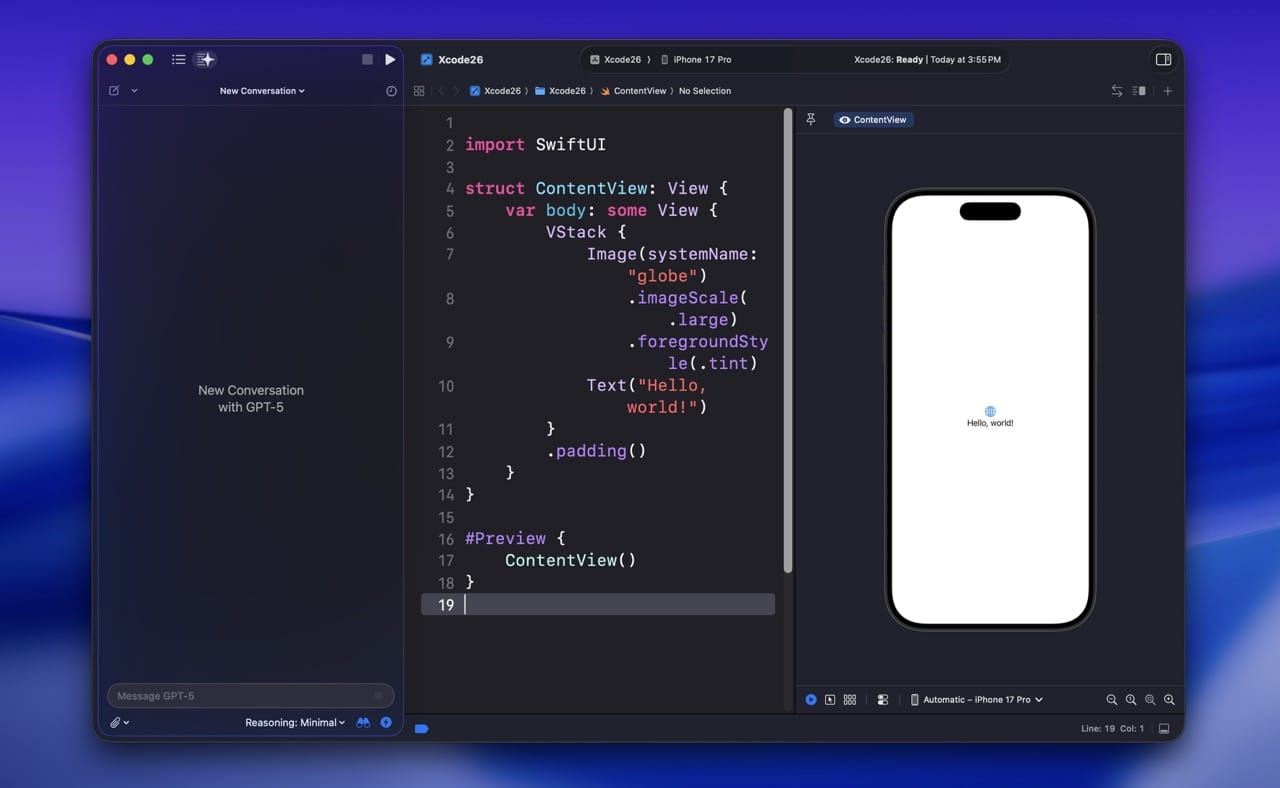Xcode 26 open with a SwiftUI project, canvas preview visible, and the Coding Intelligence sidebar