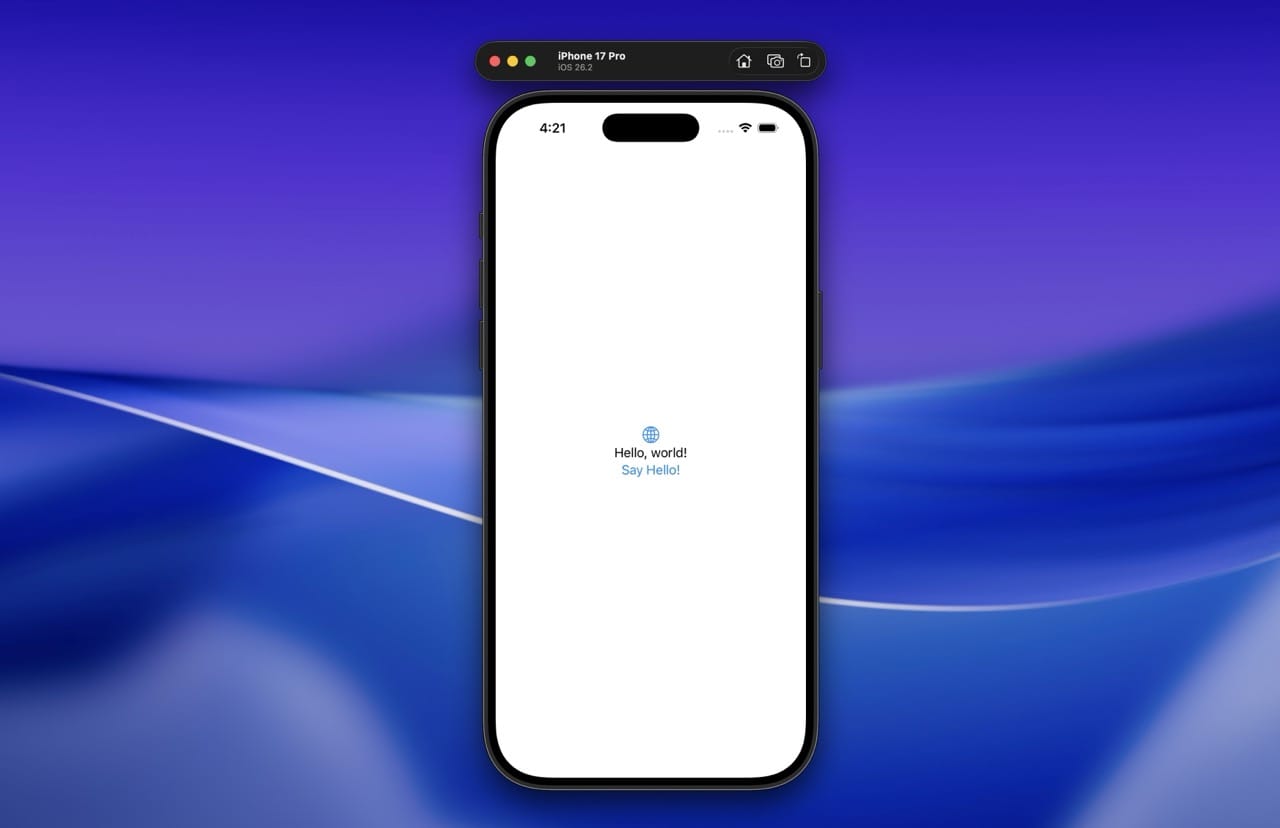 iOS Simulator running a basic SwiftUI app on an iPhone 17 frame