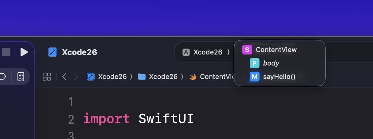 Jump bar with the dropdown showing methods within the currently open Swift file