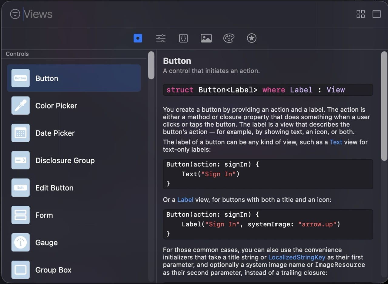 Object Library opened showing SwiftUI components like Button, Text, Image, and List