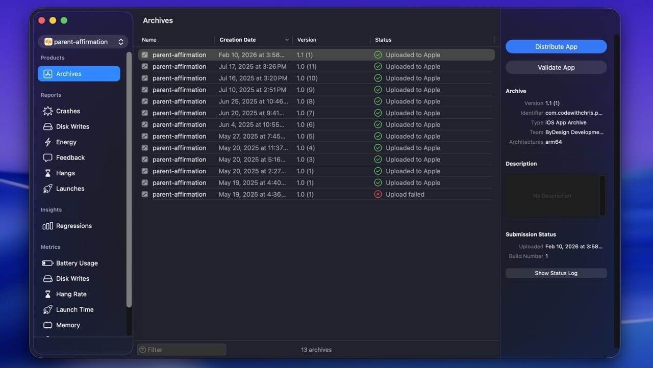 Xcode Organizer showing the Archives tab with a recent build and the option to distribute it