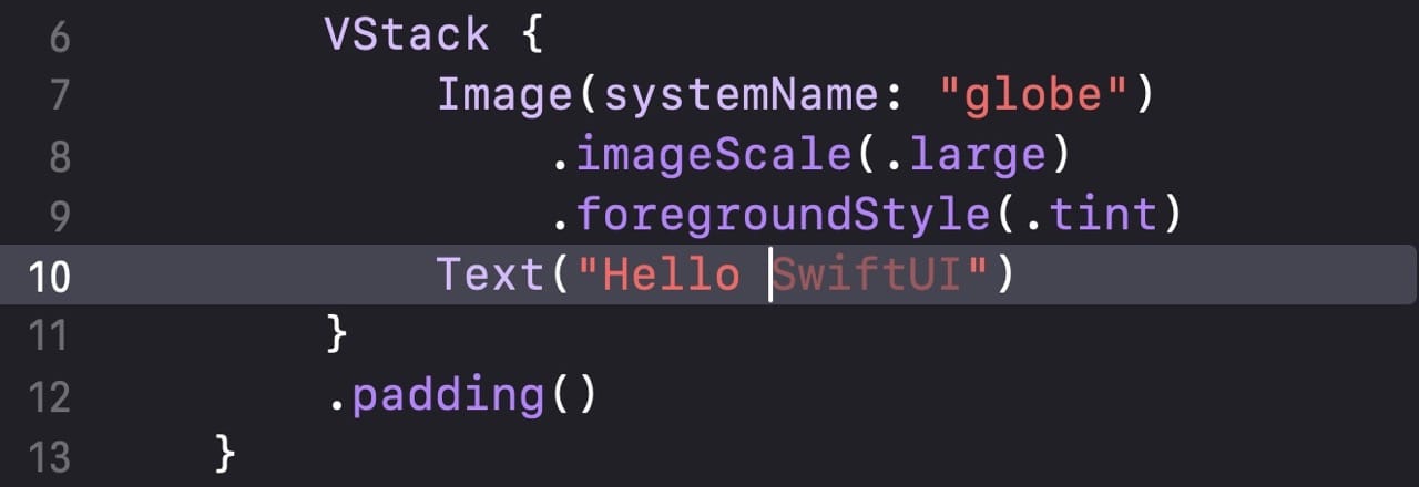 Predictive code completion in Xcode 26 showing a multi-line gray suggestion