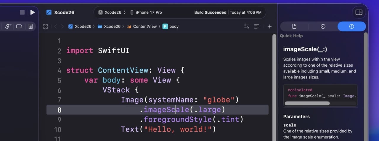 Quick Help Inspector showing the documentation for a Swift method, with the cursor positioned on the relevant code