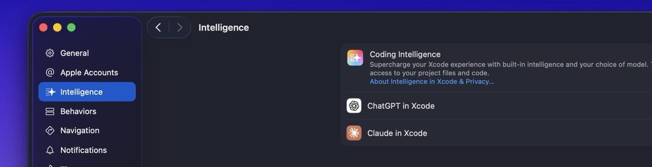 Xcode Settings Intelligence panel showing ChatGPT and Claude listed as providers