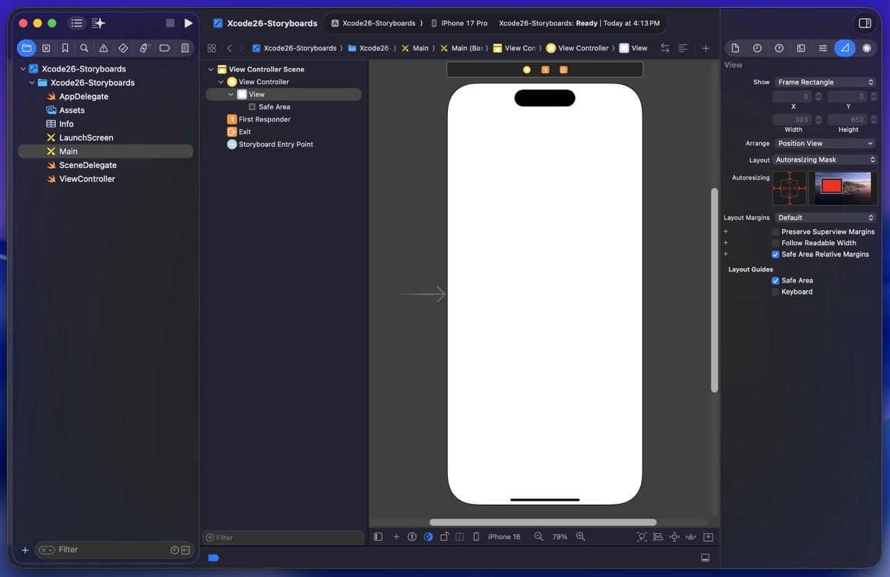 Interface Builder showing a Storyboard with several UI elements and the constraint editor visible