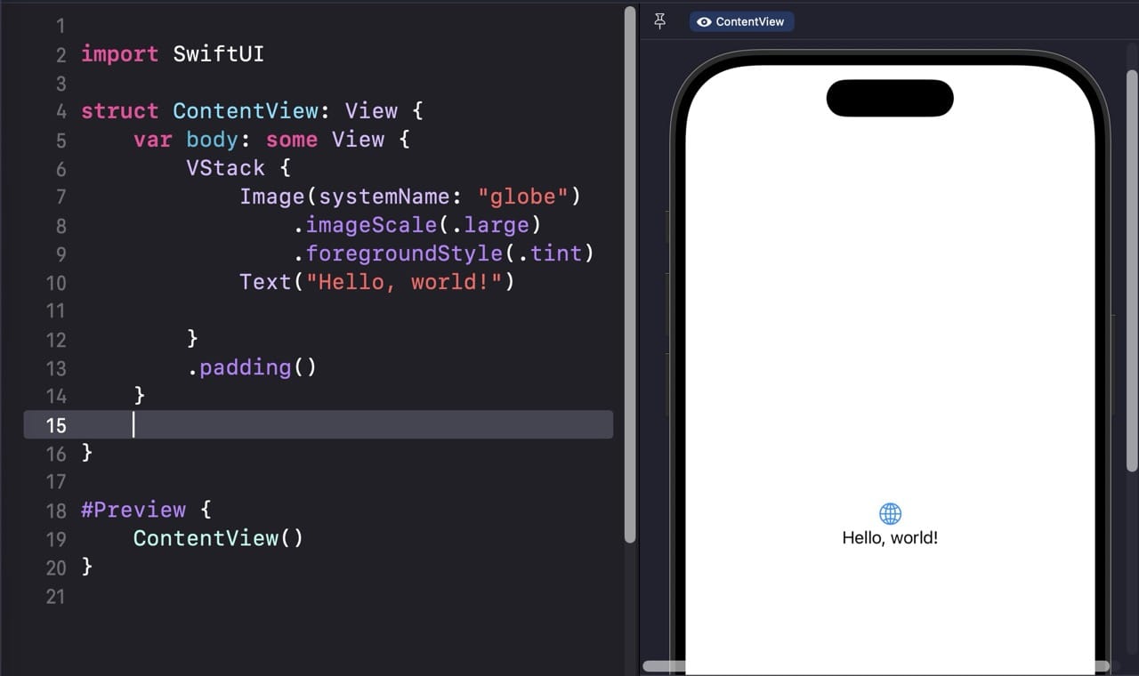 SwiftUI ContentView.swift with code on the left and the live preview canvas on the right