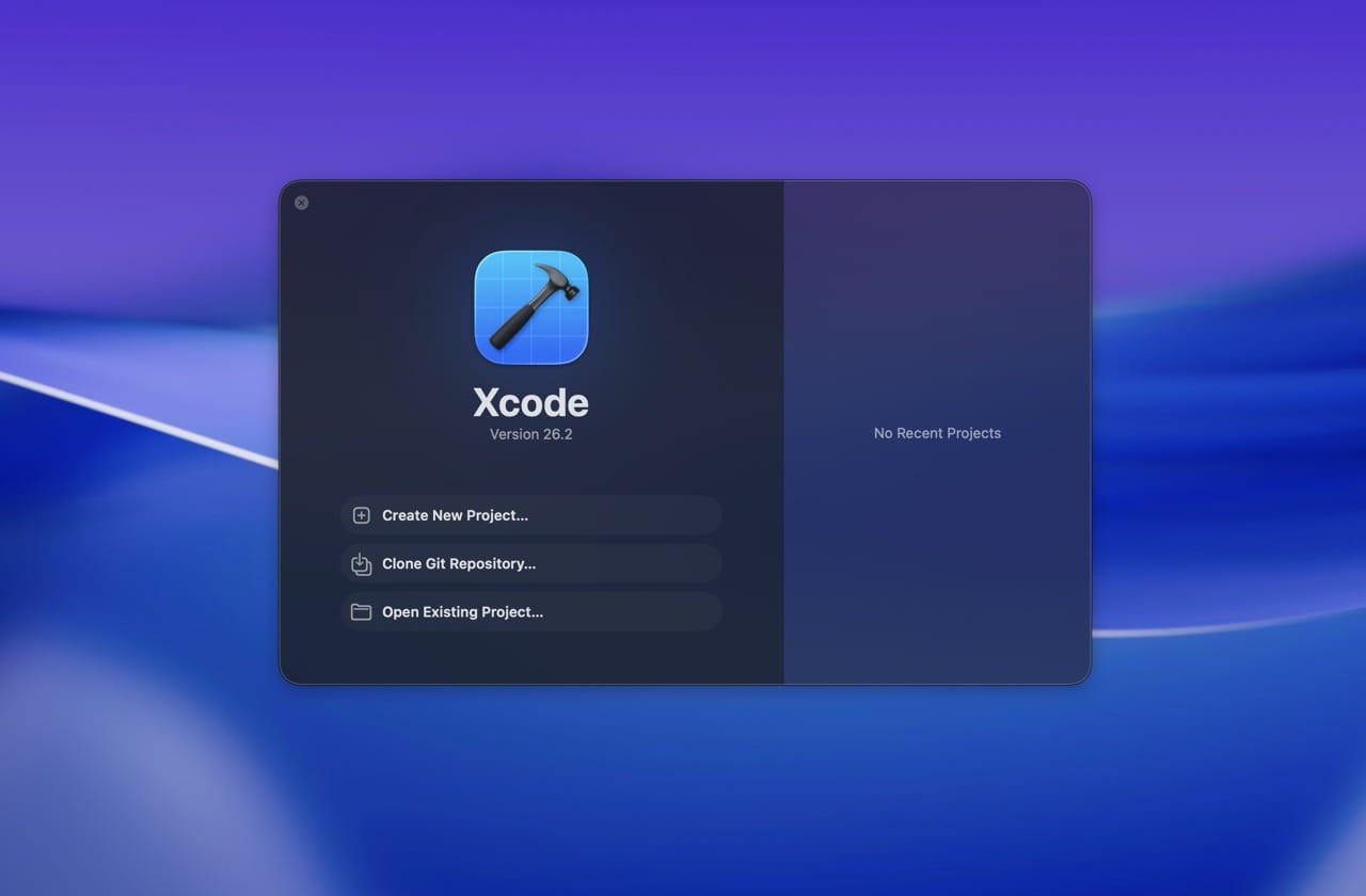 Xcode 26 welcome screen with the redesigned Tahoe-era interface