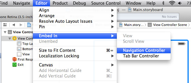 Embed view controller in a navigation controller in Xcode