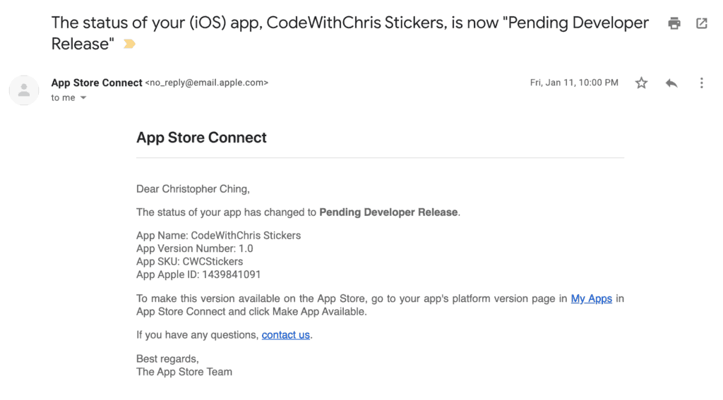 Email from Apple saying my app was approved