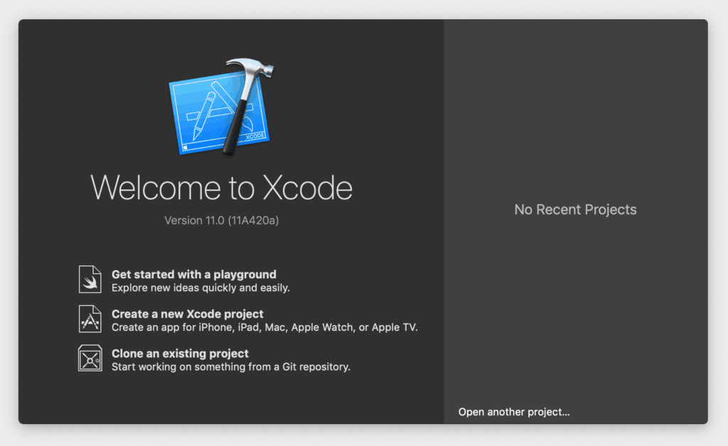 Xcode 11 welcome screen