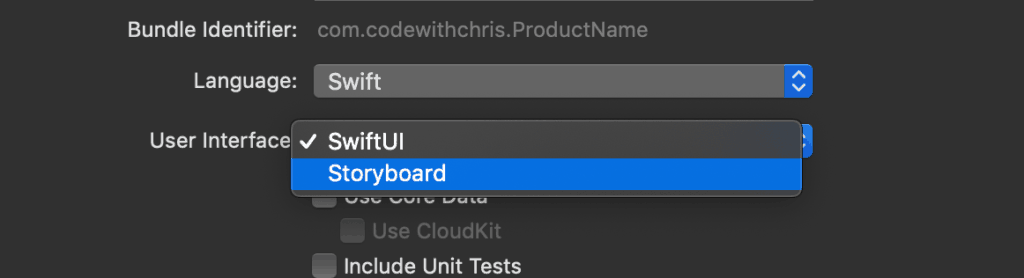 Xcode new project select a user interface option